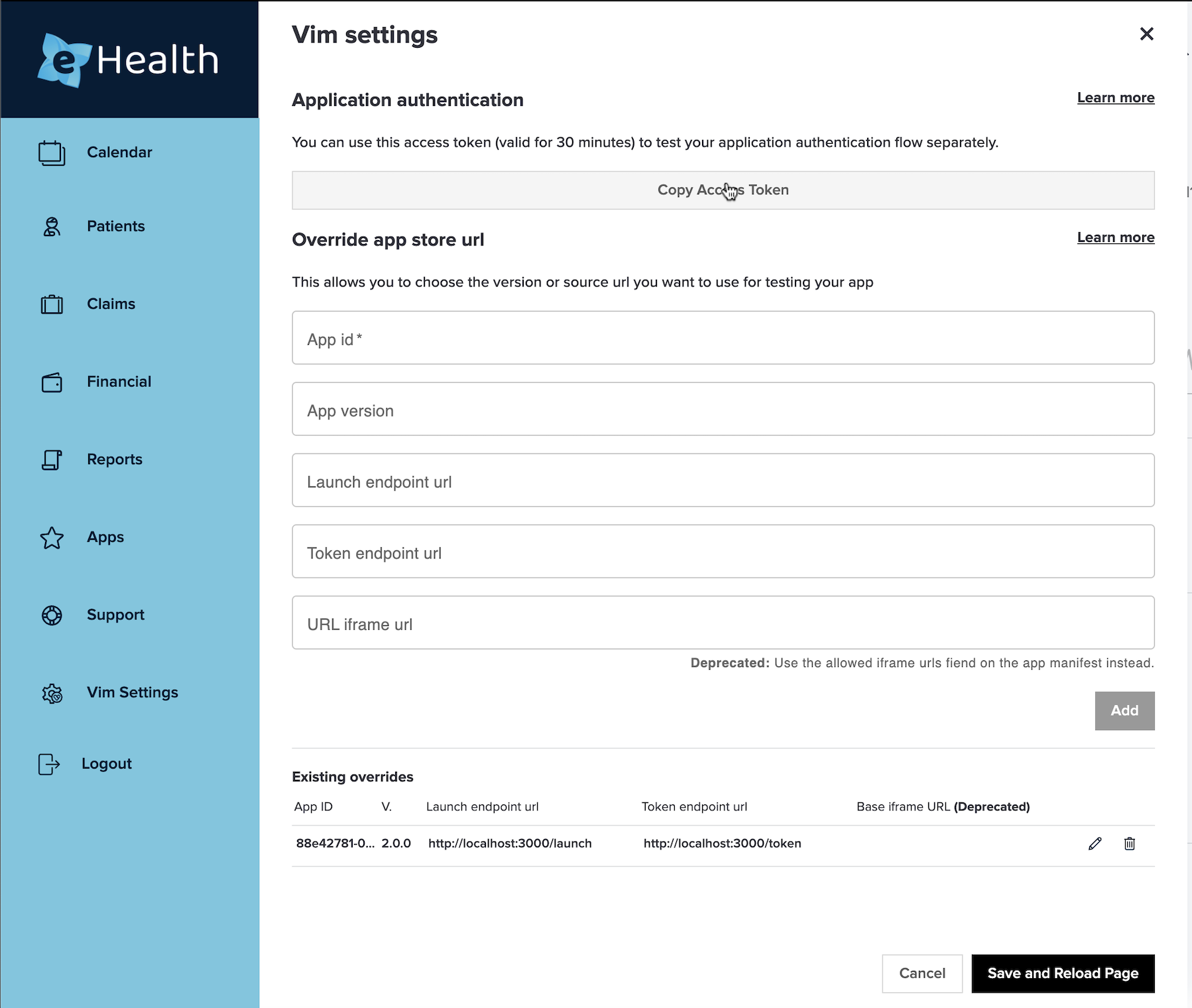 Mock EHR settings page