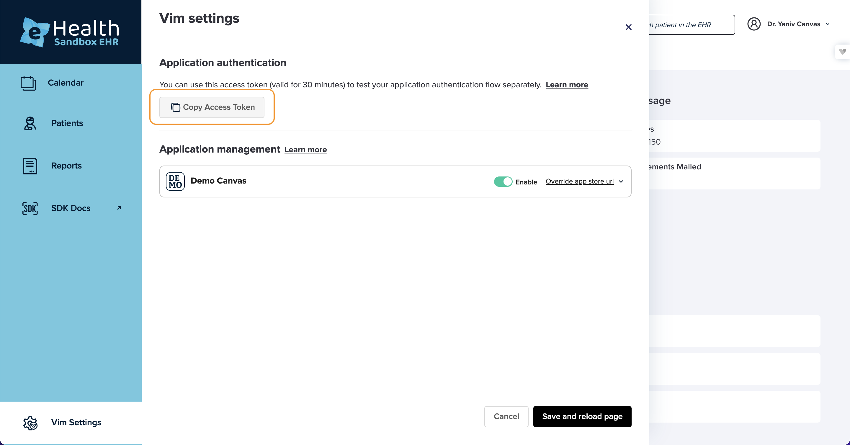 Mock EHR settings page