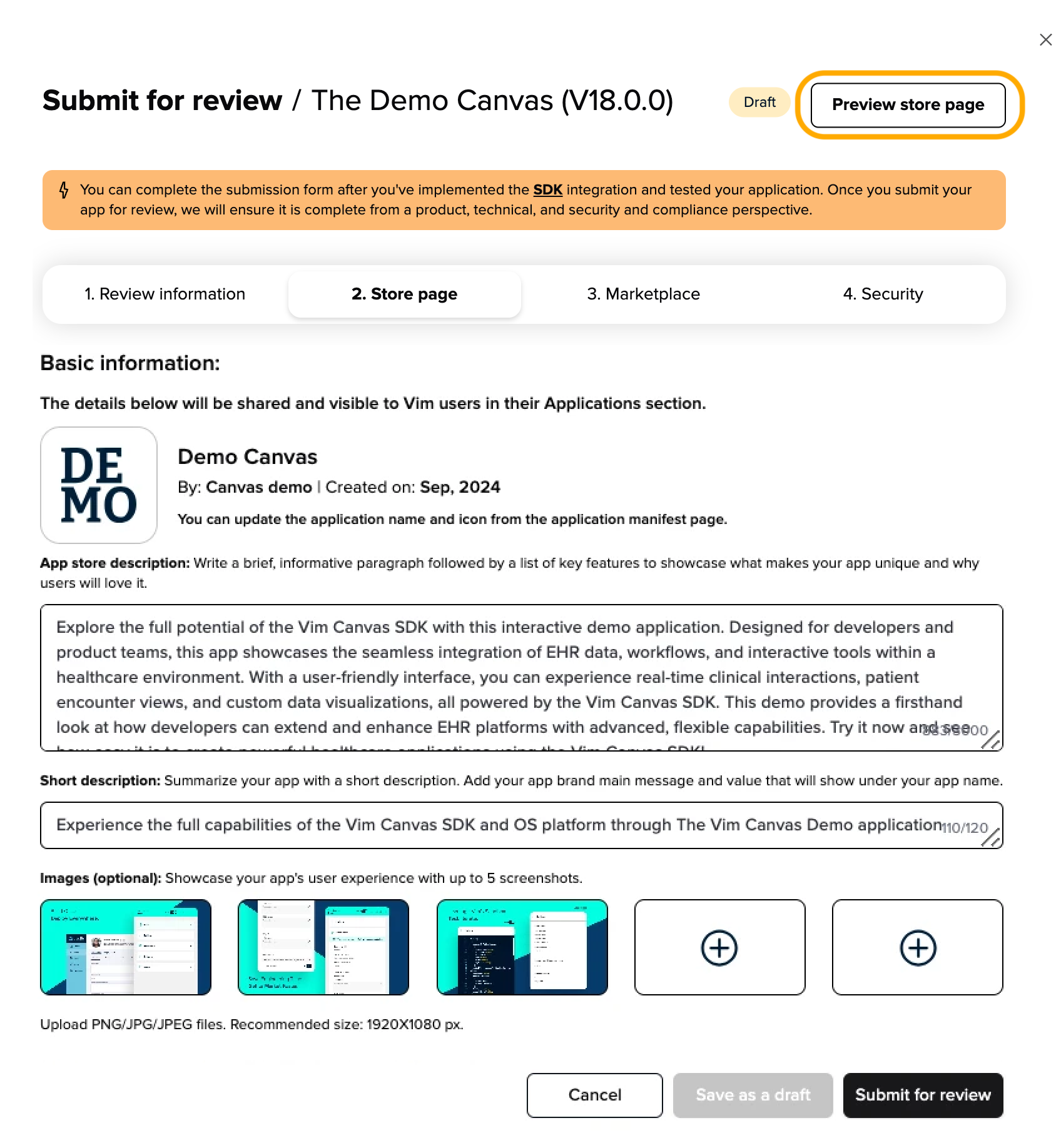 Preview store page